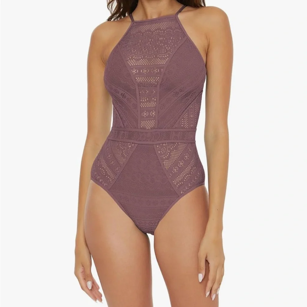 Becca Women's Color Play Crochet High Neck One Piece - Picture 1 of 5